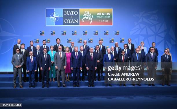 Secretary General Jens Stoltenberg poses for an official family photo with the participants of the NATO Summit in Vilnius on July 11, 2023.