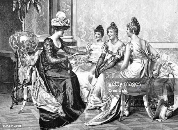 four luxury women gossiping round a sofa - white couch stock illustrations