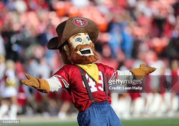 San Francisco 49ers mascot Sourdough Sam entertains the fans prior to the start of the game against the Detroit Lions at Candlestick Park on...