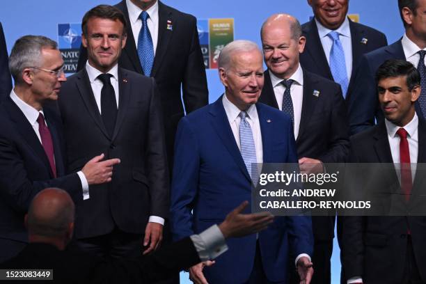 Participants of the NATO Summit including NATO Secretary General Jens Stoltenberg, French President Emmanuel Macron, US President Joe Biden, German...