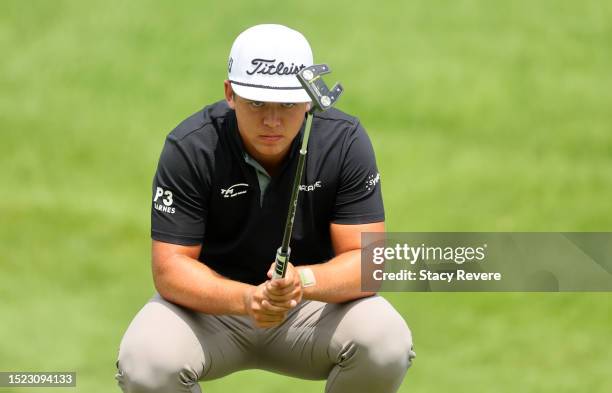 Garrick Higgo of South Africa lines up a putt on the 15th green during the second round of the John Deere Classic at TPC Deere Run on July 07, 2023...