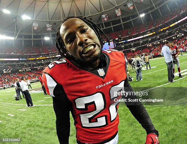 Asante Samuel of the Atlanta Falcons celebrates after the game against the Denver Broncos at the Georgia Dome on September 17, 2012 in Atlanta,...