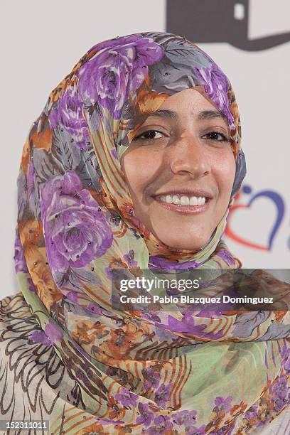 Nobel Peace Prize laureate, Tawakkol Karman attends 'Save The Children Awards 2012' Press Conference at Casa de America on September 18, 2012 in...