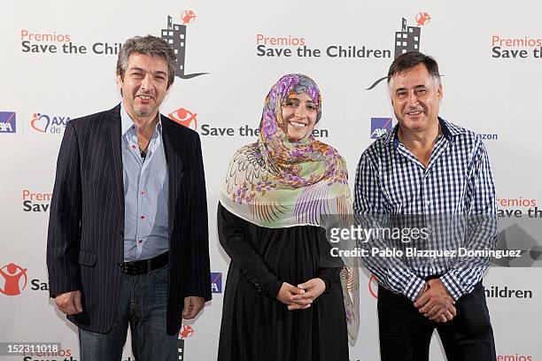 Actor Ricardo Darin, Nobel Peace Prize laureate, Tawakkol Karman and photojournalist Gervasio Sanchez attend 'Save The Children Awards 2012' Press...
