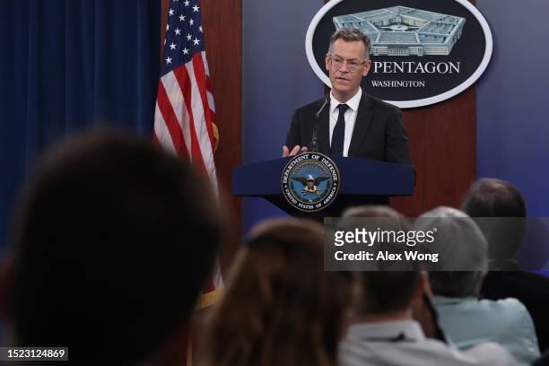 Under Secretary of Defense for Policy Colin Kahl speaks during a news briefing at the Pentagon on July 7, 2023 in Arlington, Virginia. Under...