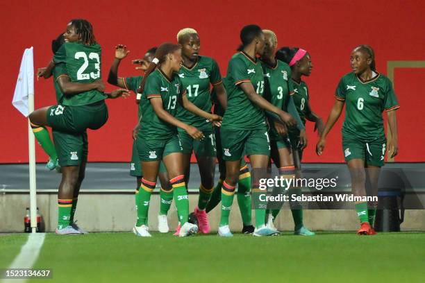 Barbra Banda of Zambia celebrates the team's first goal with teammates during the Women's international friendly between Germany and Zambia at...