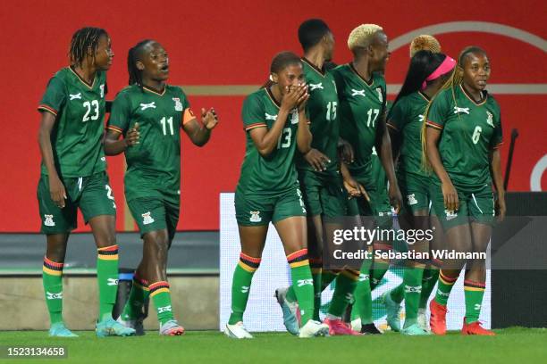 Barbra Banda of Zambia celebrates the team's first goal with teammates during the Women's international friendly between Germany and Zambia at...