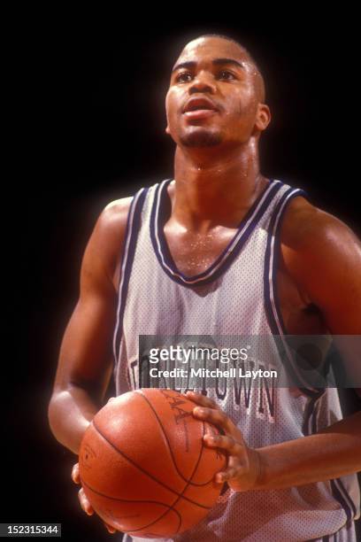 Othella Harrington of the Georgetown Hoyas takes a foul shot during a college basketball game against the Connecticut Huskies on March 7, 1993 at...