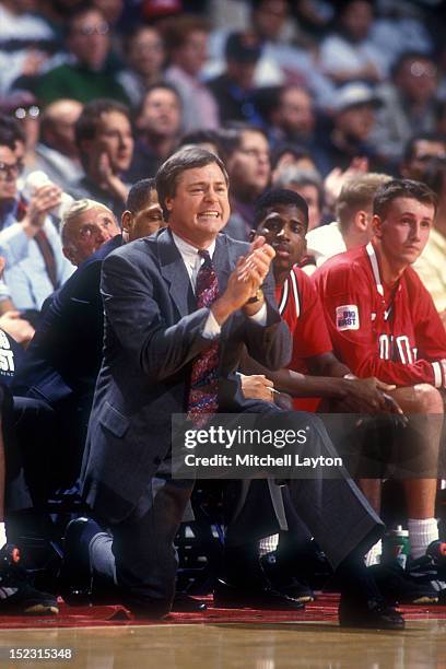 Head coach Brian Mahoney of the St. John's Redman looks on during a college basketball game against the Georgetown Hoyas on February 23, 1993 at...