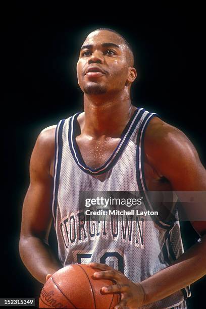 Othella Harrington of the Georgetown Hoyas takes a foul shot during a college basketball game against the Connecticut Huskies on March 7, 1993 at...