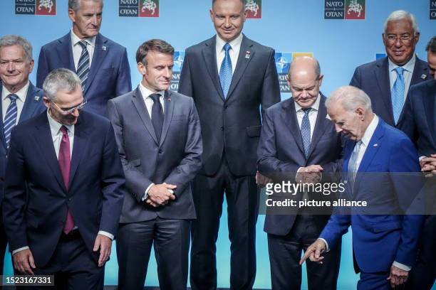 July 2023, Lithuania, Vilnius: Jens Stoltenberg , NATO Secretary General, Jonas Gahr Støre, Prime Minister of Norway, Emmanuel Macron, President of...