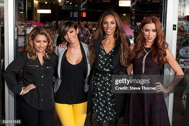 Vanessa White, Frankie Sandford, Rochelle Humes and Una Healy of The Saturdays meet fans and signs copies of the official calendar at HMV Fort Dunlop...