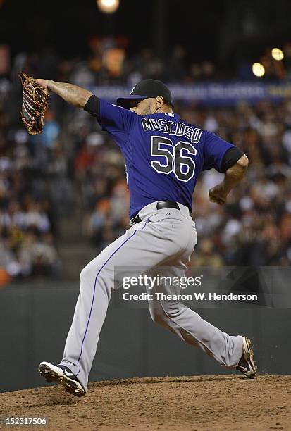 Guillermo Moscoso of the Colorado Rockies pitches in the six inning against the San Francisco Giants at AT&T Park on September 17, 2012 in San...