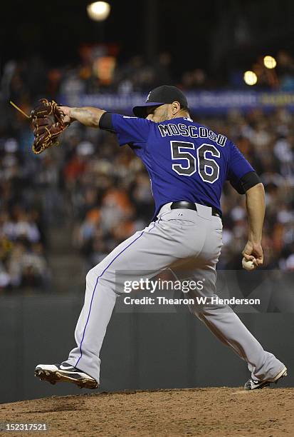 Guillermo Moscoso of the Colorado Rockies pitches in the six inning against the San Francisco Giants at AT&T Park on September 17, 2012 in San...