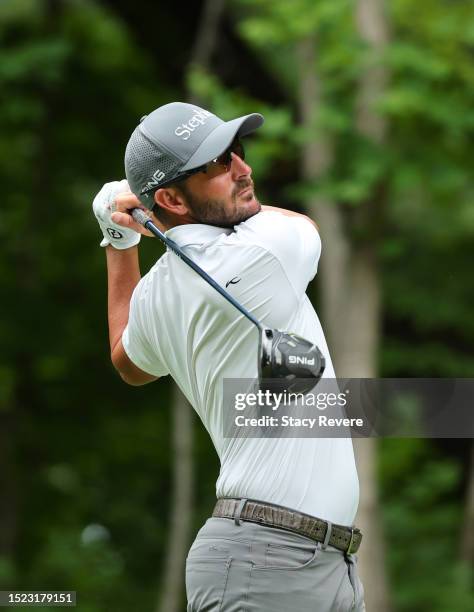 Andrew Landry of the United States plays his shot from the 17th tee during the second round of the John Deere Classic at TPC Deere Run on July 07,...