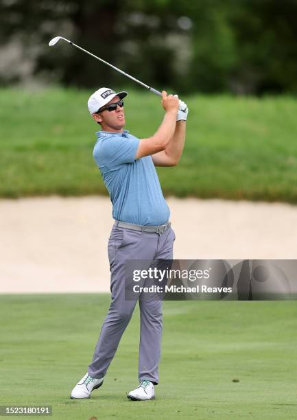 Seamus Power of Ireland plays a shot on the eighth hole during the second round of the John Deere Classic at TPC Deere Run on July 07, 2023 in...