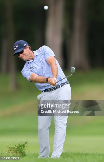 Adam Schenk of the United States plays a shot on the eighth hole during the second round of the John Deere Classic at TPC Deere Run on July 07, 2023...