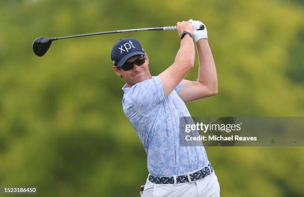 Adam Schenk of the United States plays his shot from the ninth tee during the second round of the John Deere Classic at TPC Deere Run on July 07,...