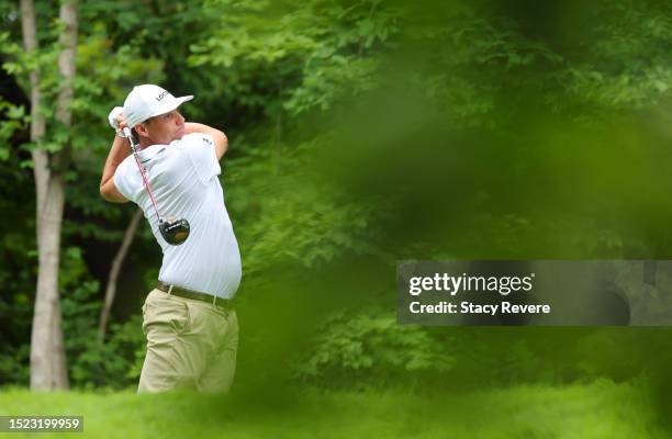 Nick Watney of the United States plays his shot from the 17th tee uring the second round of the John Deere Classic at TPC Deere Run on July 07, 2023...