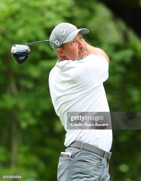 Chad Collins of the United States plays his shot from the 17th tee during the second round of the John Deere Classic at TPC Deere Run on July 07,...