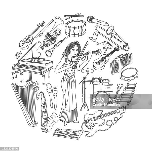 music doodle, musical instruments and woman violinist - snare drum stock illustrations