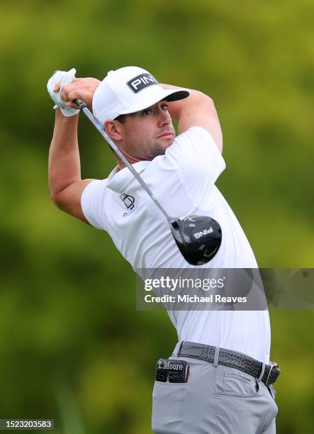 Taylor Moore of the United States plays his shot from the ninth tee during the second round of the John Deere Classic at TPC Deere Run on July 07,...