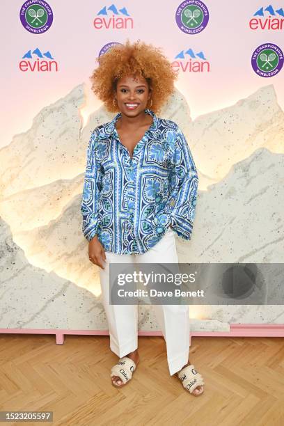 Fleur East poses in the evian VIP Suite At Wimbledon 2023 on July 11, 2023 in London, England.