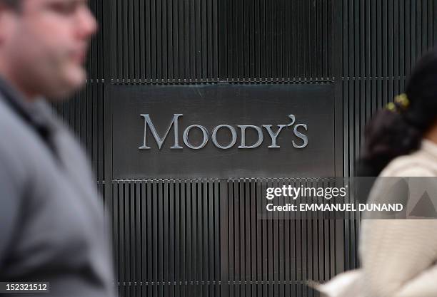 Sign for Moody's rating agency is displayed at the company headquarters in New York, September 18, 2012. AFP PHOTO/Emmanuel Dunand