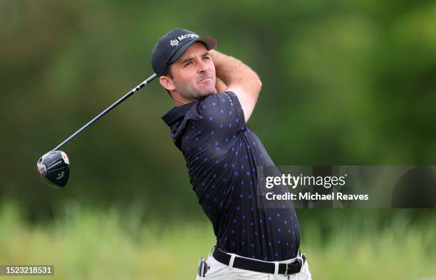 Denny McCarthy of the United States plays his shot from the ninth tee during the second round of the John Deere Classic at TPC Deere Run on July 07,...