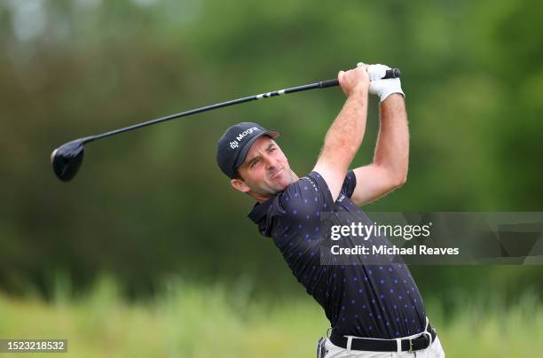 Denny McCarthy of the United States plays his shot from the ninth tee during the second round of the John Deere Classic at TPC Deere Run on July 07,...