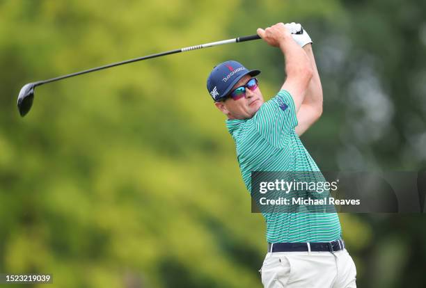 Zach Johnson of the United States plays his shot from the ninth tee during the second round of the John Deere Classic at TPC Deere Run on July 07,...