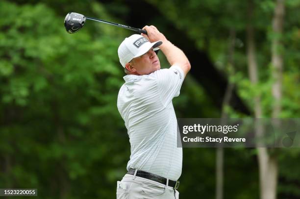 Nate Lashley of the United States plays his shot from the ninth tee during the second round of the John Deere Classic at TPC Deere Run on July 07,...