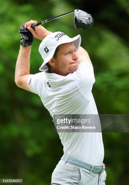 Peter Malnati of the United States plays his shot from the 17th tee during the second round of the John Deere Classic at TPC Deere Run on July 07,...