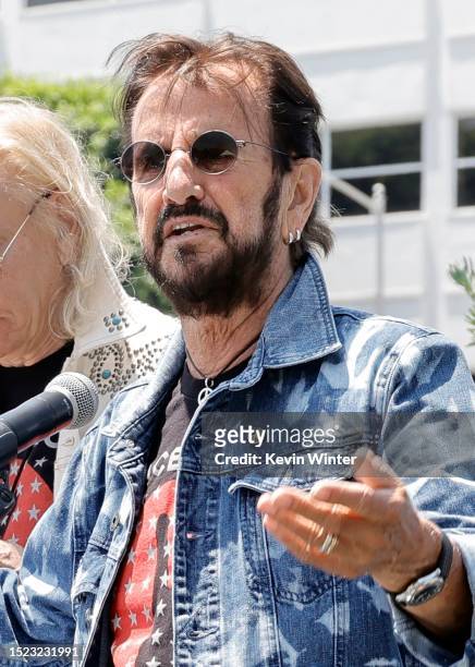 Ringo Starr speaks during Ringo's Annual Peace & Love Birthday Celebration on July 07, 2023 in Beverly Hills, California.