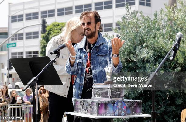 Ringo Starr speaks during Ringo's Annual Peace & Love Birthday Celebration on July 07, 2023 in Beverly Hills, California.