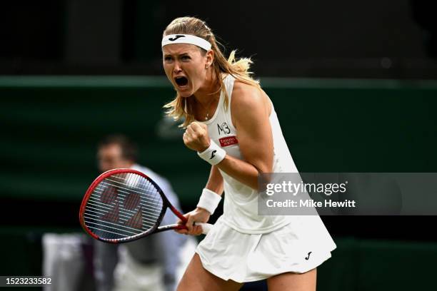 Marie Bouzkova of Czech Republic celebrates against Caroline Garcia of France in the Women's Singles third round match during day five of The...
