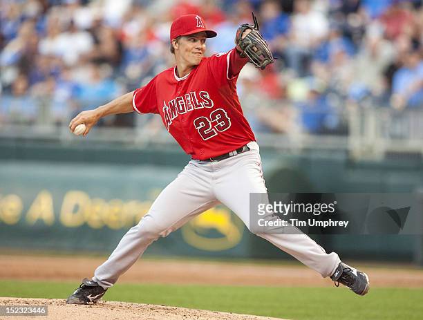 Pitcher Zack Greinke of the Los Angeles Angels of Anaheim pitches against the Kansas City Royals at Kauffman Stadium on September 15, 2012 in Kansas...
