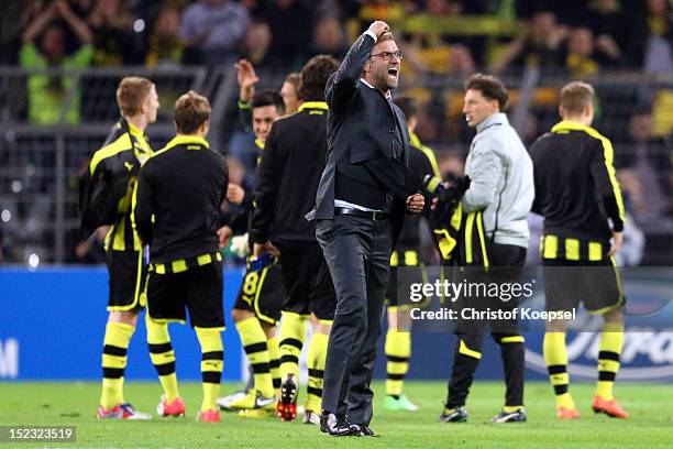 Head coach Juergen Klopp of Dortmund celebrates the 1-0 victory after the UEFA Champions League group D match between Borussia Dortmund and Ajax...