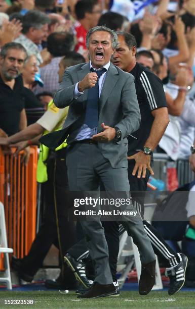 Jose Mourinho the coach of Real Madrid celebrates the winning goal during the UEFA Champions League Group D match between Real Madrid and Manchester...