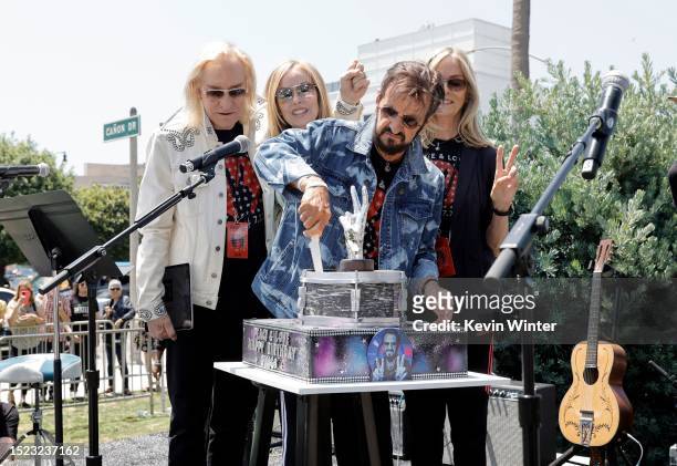 Joe Walsh, Marjorie Bach, Ringo Starr and Barbara Bach attend Ringo's Annual Peace & Love Birthday Celebration on July 07, 2023 in Beverly Hills,...