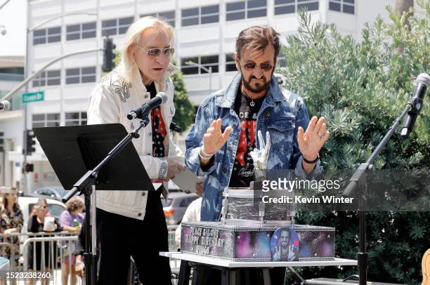 Joe Walsh and Ringo Starr attend Ringo's Annual Peace & Love Birthday Celebration on July 07, 2023 in Beverly Hills, California.