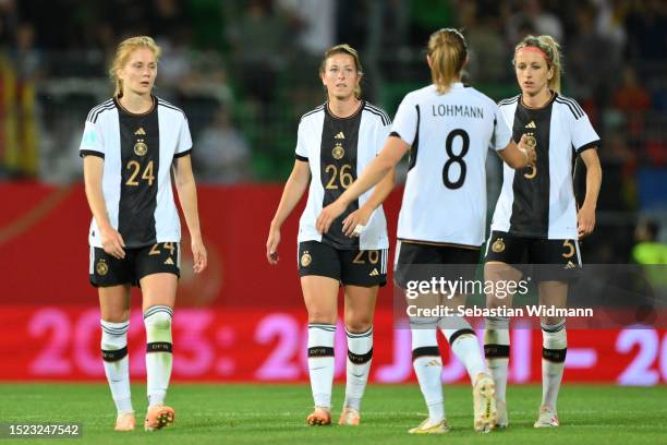 Sjoeke Nuesken, Chantal Hagel, Sydney Lohmann and Kathrin Hendrich of Germany look dejected after the Women's international friendly between Germany...