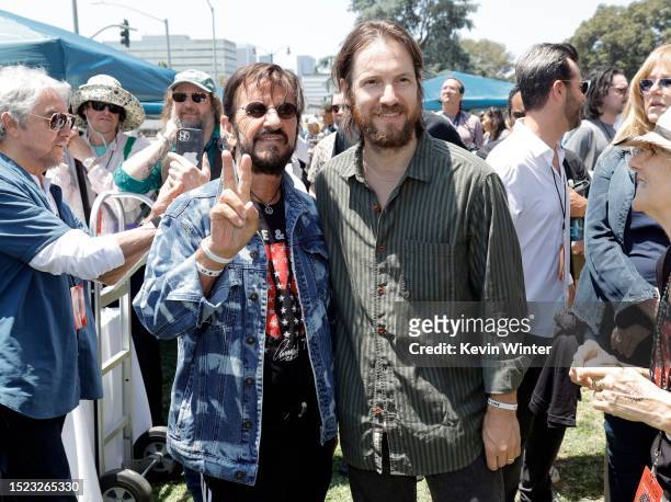 Ringo Starr and Blake Mills attend Ringo's Annual Peace & Love Birthday Celebration on July 07, 2023 in Beverly Hills, California.