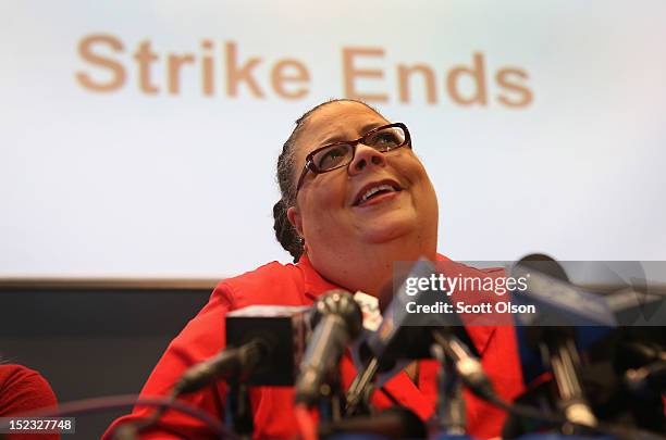 Chicago Teachers Union President Karen Lewis holds a press conference after CTU delegates voted to end their strike on September 18, 2012 in Chicago,...