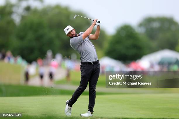 Mark Hubbard of the United States plays a shot on the ninth hole during the second round of the John Deere Classic at TPC Deere Run on July 07, 2023...