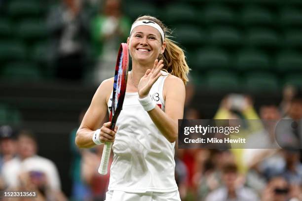 Marie Bouzkova of Czech Republic celebrates winning match point against Caroline Garcia of France in the Women's Singles third round match during day...