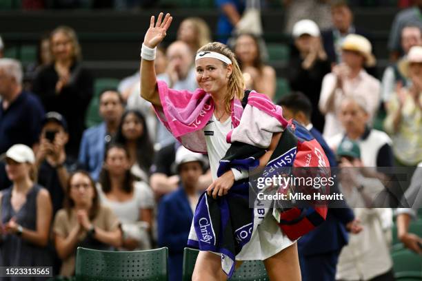 Marie Bouzkova of Czech Republic celebrates winning match point against Caroline Garcia of France in the Women's Singles third round match during day...