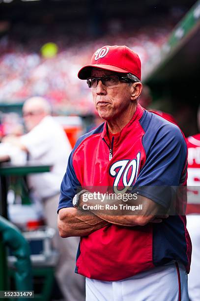 Manager Davey Johnson of the Washington Nationals looks on from the dugout during a game against the St Louis Cardinals at Nationals Park on Sunday,...