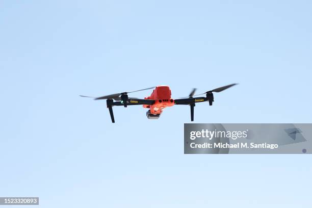 New shark-monitoring drone is seen as it prepares to monitor the waters for sharks at Jones Beach State Park on July 07, 2023 in Wantagh, New York....