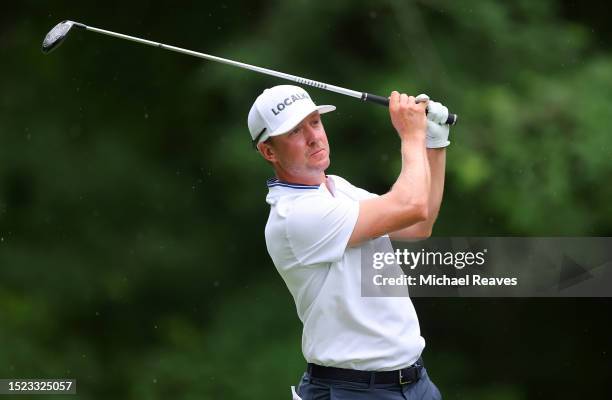 Jonas Blixt of Sweden plays his shot from the sixth tee during the second round of the John Deere Classic at TPC Deere Run on July 07, 2023 in...